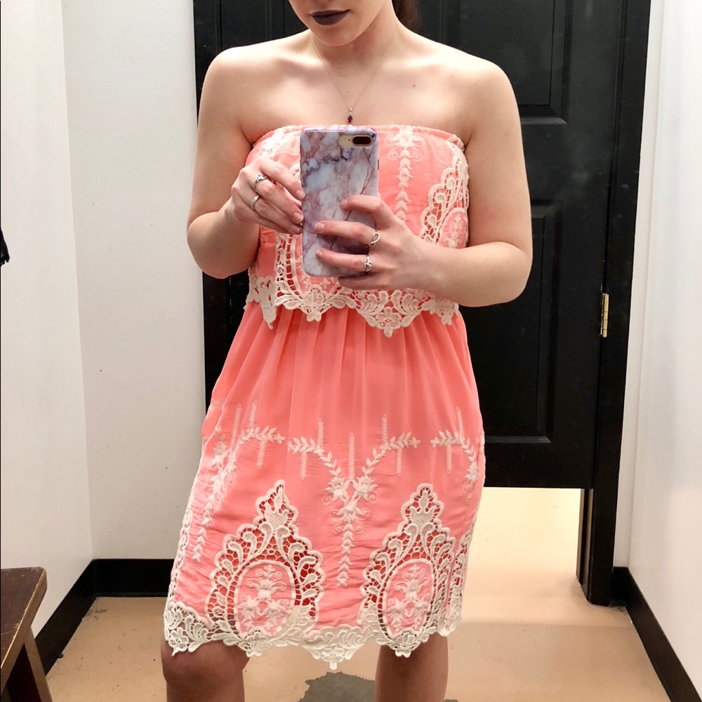Neon coral strapless lace dress!